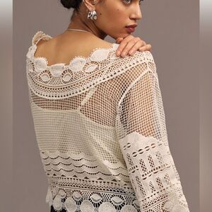 Farm Rio Anthropologie Morada Boa Guipure Blouse - White - Size L